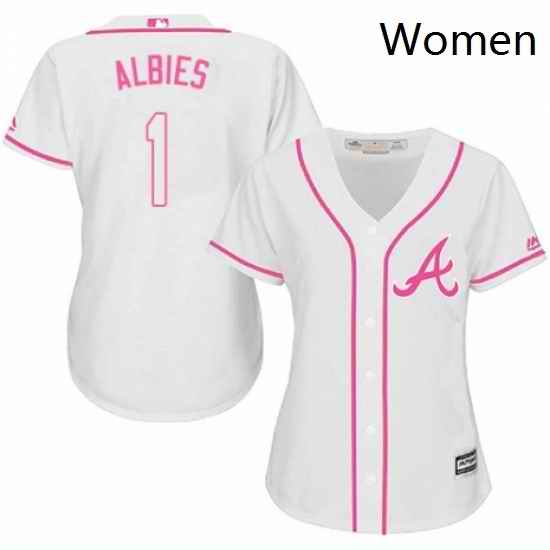 Womens Majestic Atlanta Braves 1 Ozzie Albies Replica White Fashion Cool Base MLB Jersey